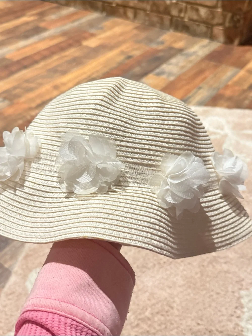 Kids White Floral Ribbon Straw Sun Hat